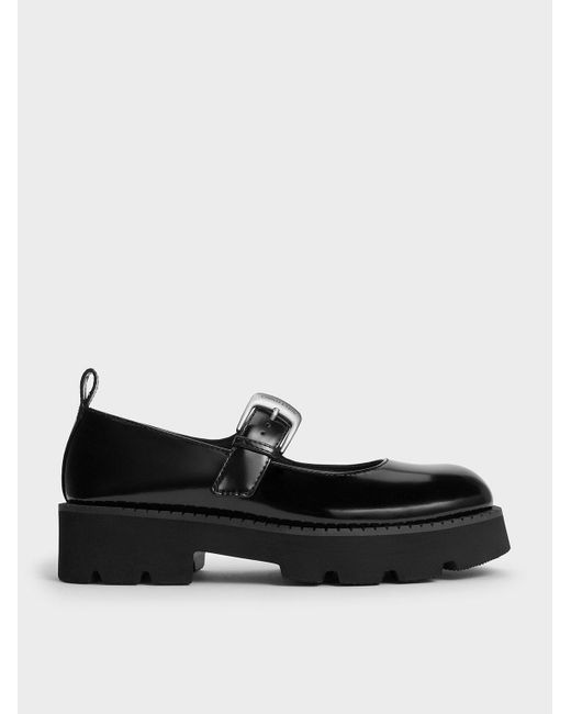 Charles & Keith Black Buckled Ridged-sole Chunky Mary Janes