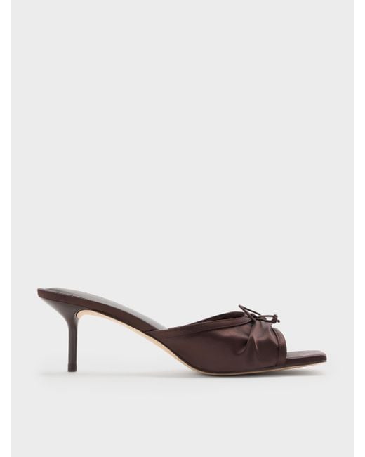 Charles & Keith Brown Satin Ruched Bow Heeled Mules