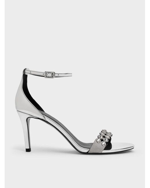 Charles & Keith White Metallic Crystal-Embellished Heeled Ankle-Strap Sandals