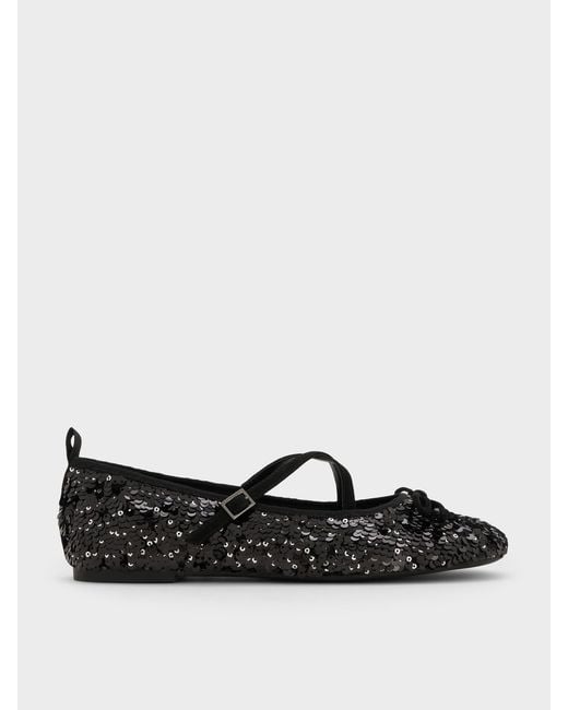 Charles & Keith Black Sequinned Crossover Mary Jane Flats