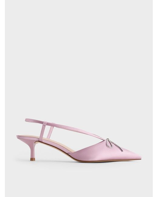 Charles & Keith Pink Crystal-bow Kitten-heel Slingback Pumps