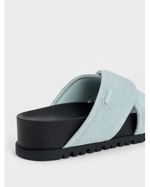Charles & Keith Blue Denim Crossover-Strap Flatform Sandals