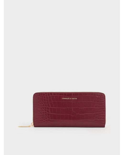 Charles & Keith Red Croc-effect Zip-around Long Wallet