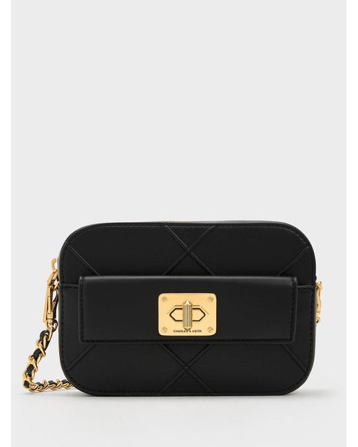 Charles & Keith Black Eleni Quilted Zip Crossbody Bag