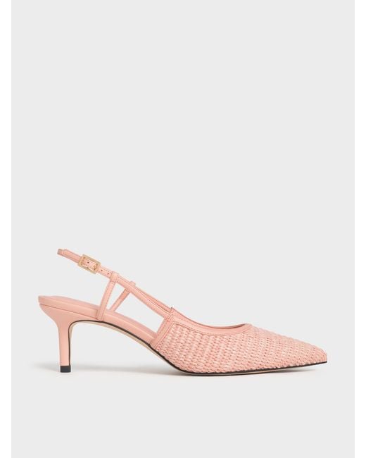 Charles & Keith Pink Raffia Pointed-Toe Slingback Pumps