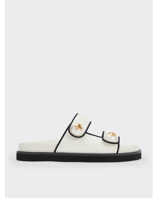 Charles & Keith White Pearl Embellished Contrast-trim Slides