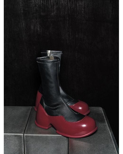Charles & Keith Red Pixie Two-tone Patent Calf Boots
