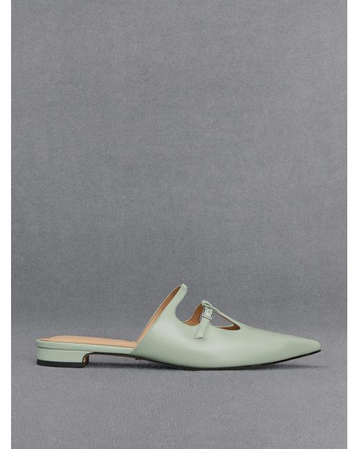 Charles & Keith Gray Leather T-bar Double-strap Mules