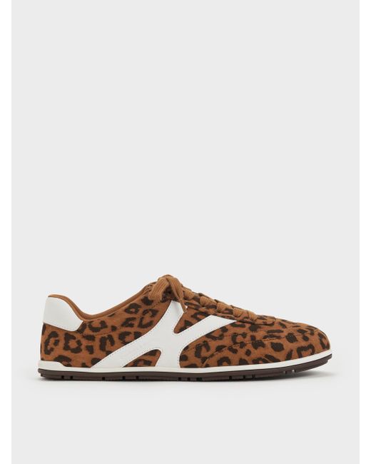 Charles & Keith Brown Faux Suede Leopard-print Low-top Sneakers