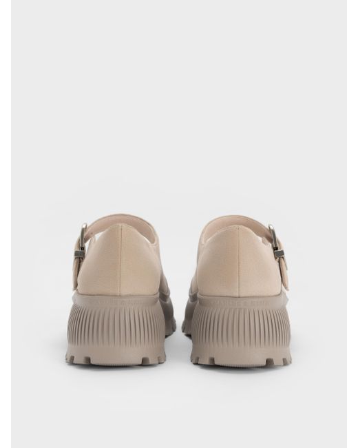 Charles & Keith Natural Darra Faux Suede Ridged-Sole Platform Mary Janes