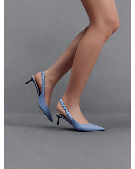 Charles & Keith Blue Leather Ruched-strap Slingback Pumps