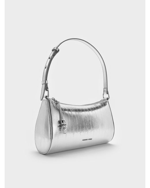 Charles & Keith Gray Augustine Metallic Eel-Effect Sculptural-Detail Shoulder Bag