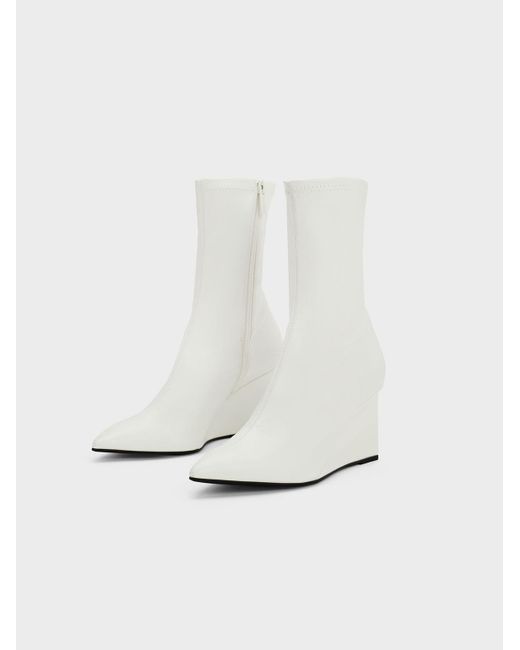 Charles & Keith White Pointed-toe Wedge Ankle Boots