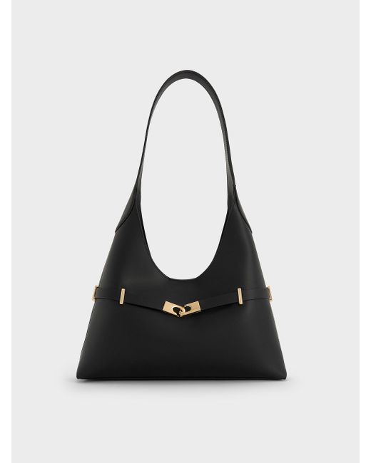 Charles & Keith Black Arlet Metallic-Accent Belted Hobo Bag