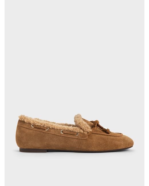Charles & Keith Brown Gavyn Suede Shearling-Lined Boat Shoes