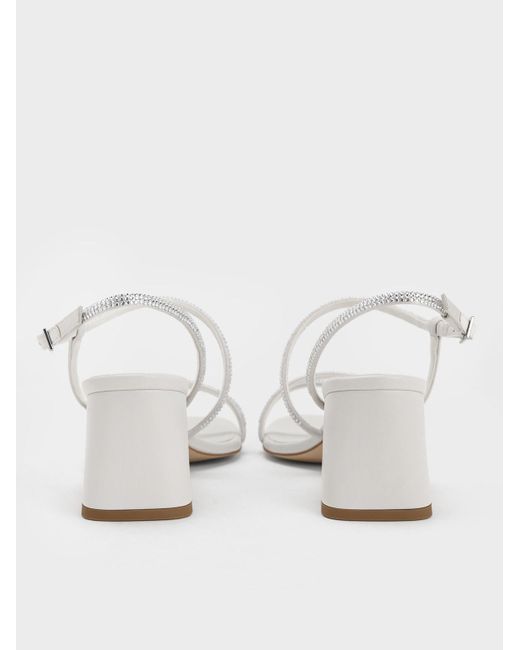 Charles & Keith White Satin Crystal-embellished Strappy Sandals