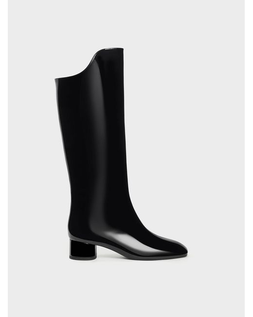 Charles & Keith Black Patent Elongated Square-Toe Knee-High Boots