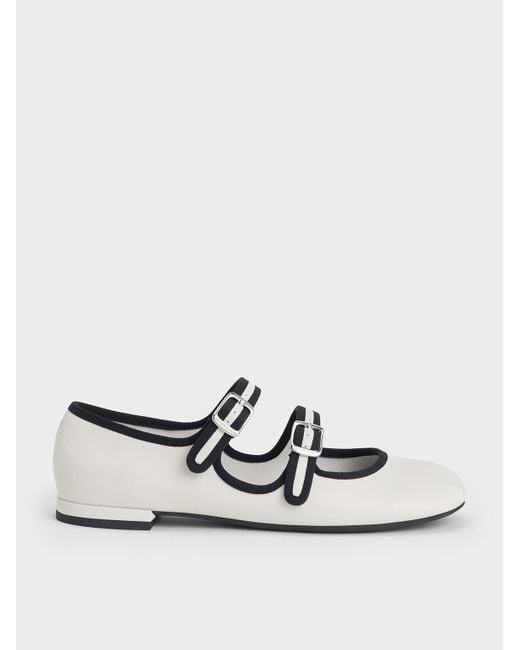 Charles & Keith White Two-Tone Double-Strap Mary Jane Flats