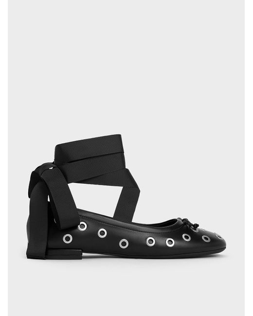 Charles & Keith Black Margot Grommet Tie-Around Ballet Flats