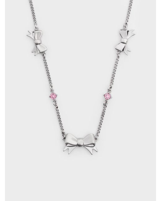 Charles & Keith White Paige Bow Crystal Necklace