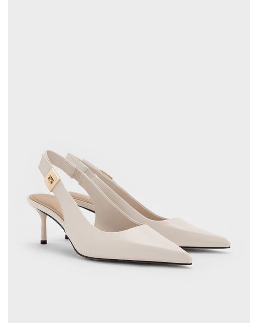 Charles & Keith White Cody Leather Pointed-Toe Kitten-Heel Slingback Pumps