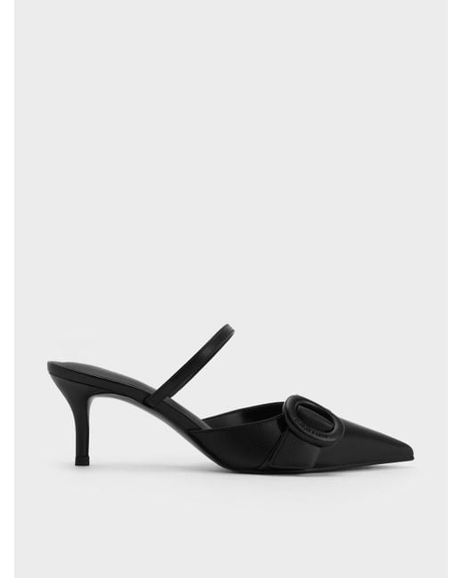 Charles & Keith Black Oval-buckle Pointed-toe Mules