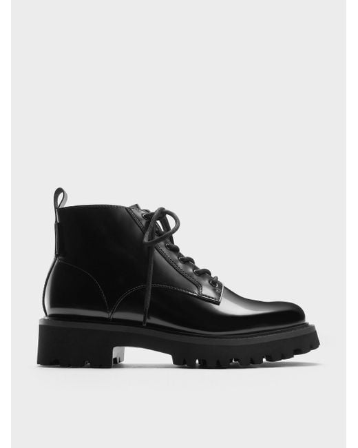 Charles & Keith Black Ridged-Sole Side-Zip Combat Boots