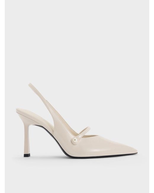 Charles & Keith White Helena Pearl-buckle Pointed-toe Slingback Pumps