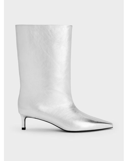 Charles & Keith White Metallic Elongated Tapered-Toe Kitten-Heel Calf Boots