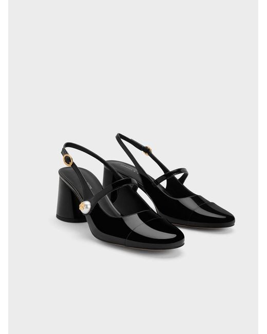 Charles & Keith Black Pearl Embellished Patent Slingback Pumps