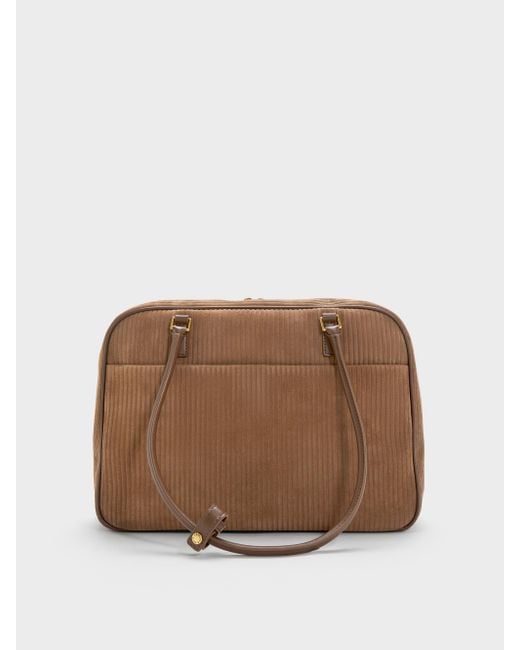 Charles & Keith Brown Large Sianna Corduroy Bowling Bag