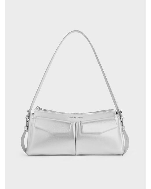 Charles & Keith White Rachel Elongated Front-Pocket Chain-Handle Bag