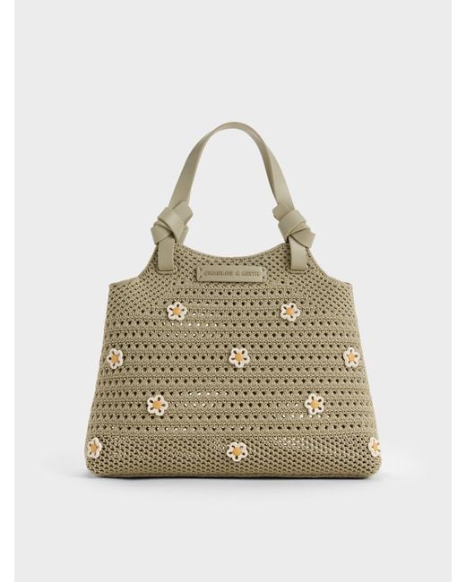 Charles & Keith Natural Mini Ida Flower Knitted Tote Bag