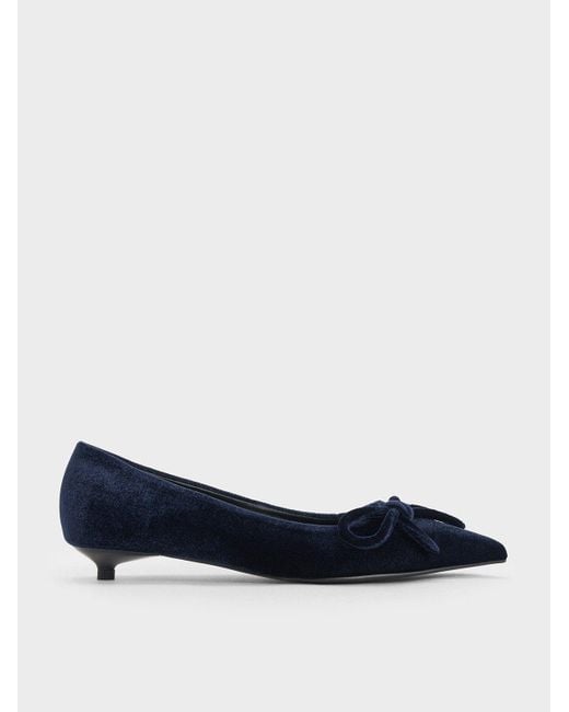 Charles & Keith Blue Velvet Bow Pointed-toe Kitten-heel Pumps