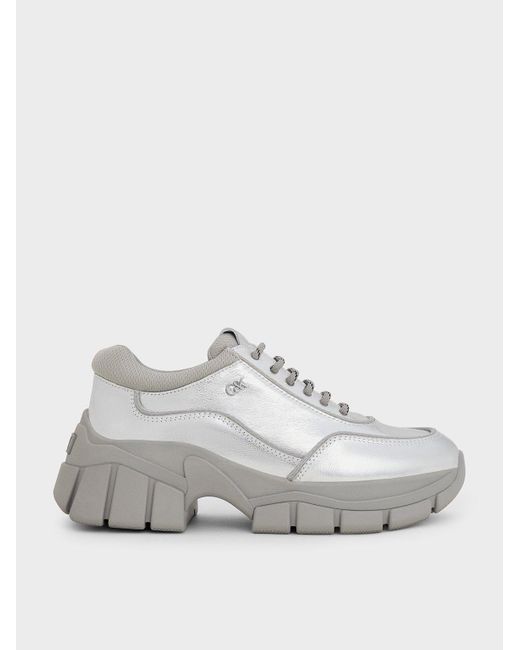 Charles & Keith White Yunna Metallic Leather & Recycled Fabric Chunky Sneakers