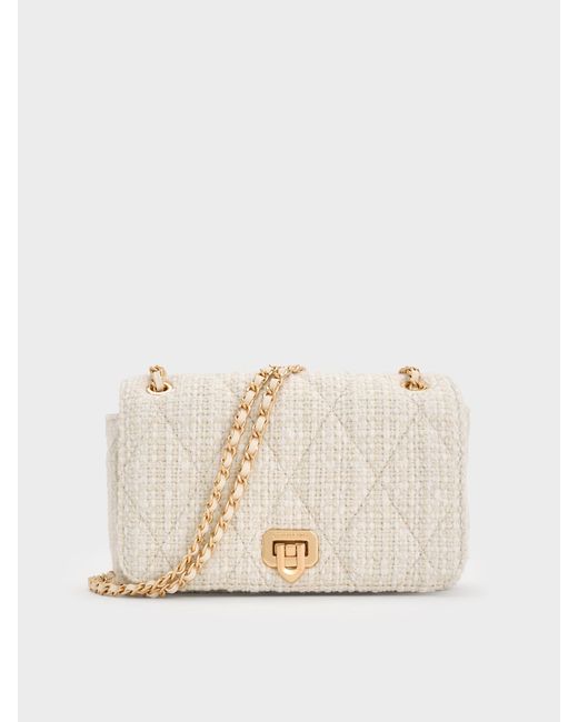 Charles & Keith Natural Arwen Tweed Diamond-Quilt Shoulder Bag