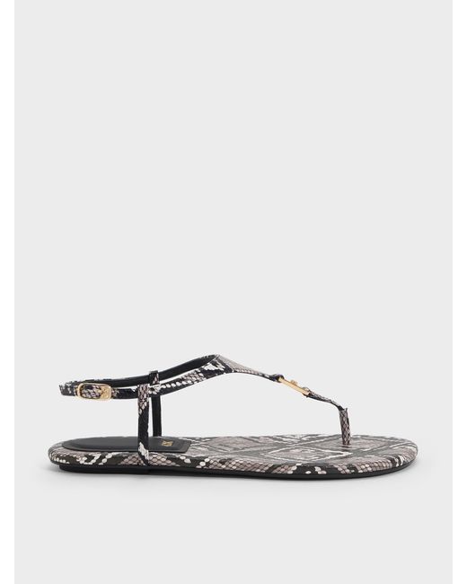 Charles & Keith Multicolor Leather Snake-print T-bar Thong Sandals