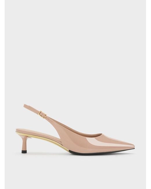 Charles & Keith Natural Curtis Patent Slingback Kitten Heels
