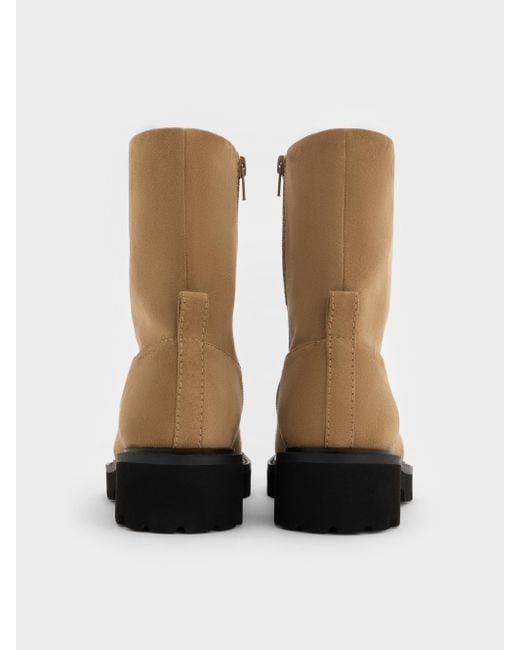 Charles & Keith Brown Devan Faux Suede Side-Zip Ridged-Sole Calf Boots