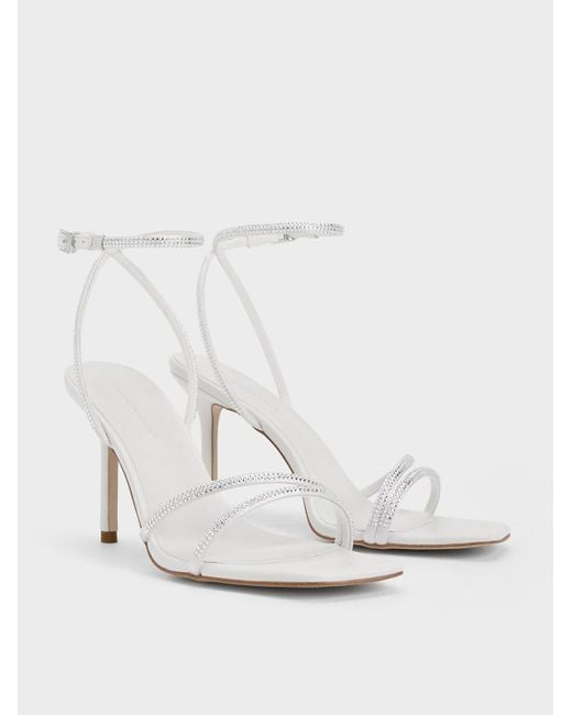 Charles & Keith White Satin Crystal-embellished Stiletto-heel Sandals