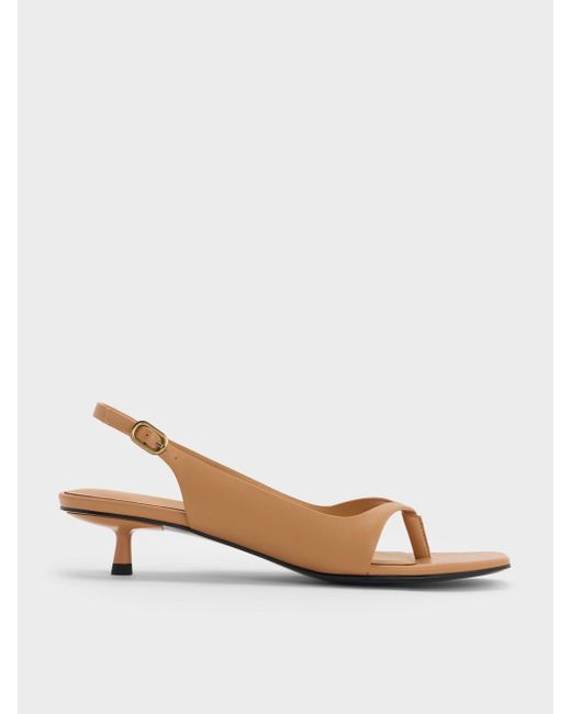 Charles & Keith Natural Rayne Square-toe Kitten-heel Thong Slingback Sandals
