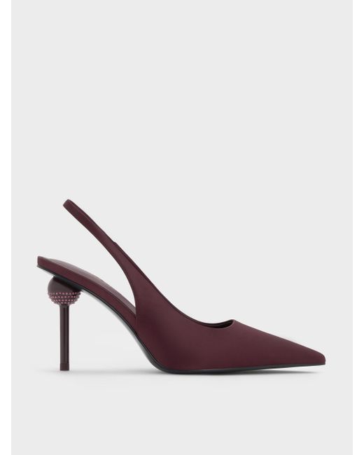 Charles & Keith Purple Satin Crystal-Embellished Ball-Heel Pointed-Toe Slingback Pumps