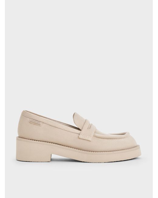Charles & Keith Natural Faux Suede Chunky-Sole Penny Loafers
