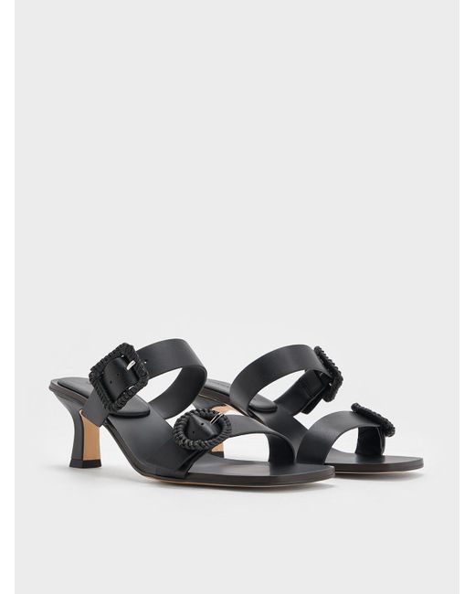 Charles & Keith Black Woven-buckle Heeled Mules