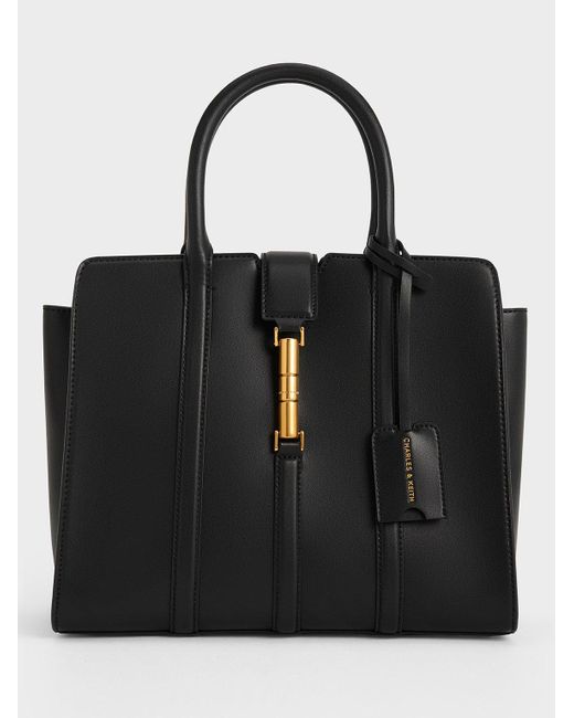 Charles & Keith Black Large Cesia Metallic Accent Tote Bag