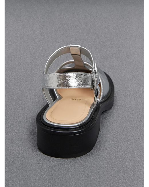 Charles & Keith Gray Metallic Leather Cut-out T-bar Mary Jane Flats