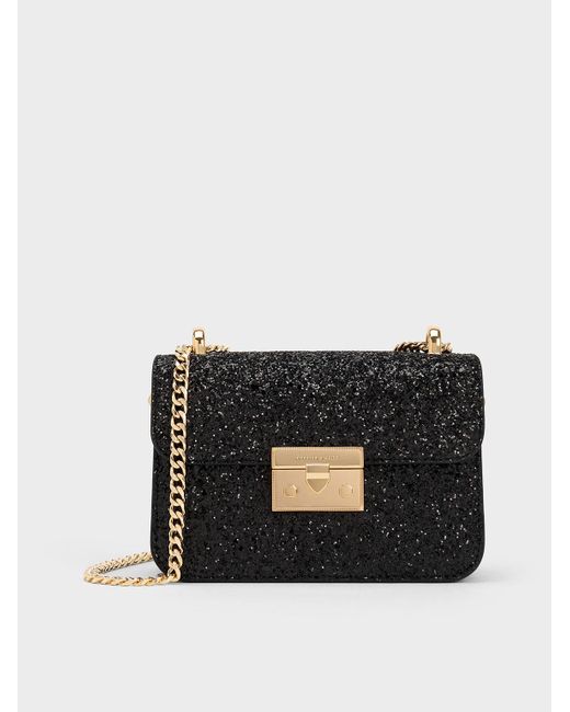 Charles & Keith Black Glittered Push-lock Chain-handle Bag