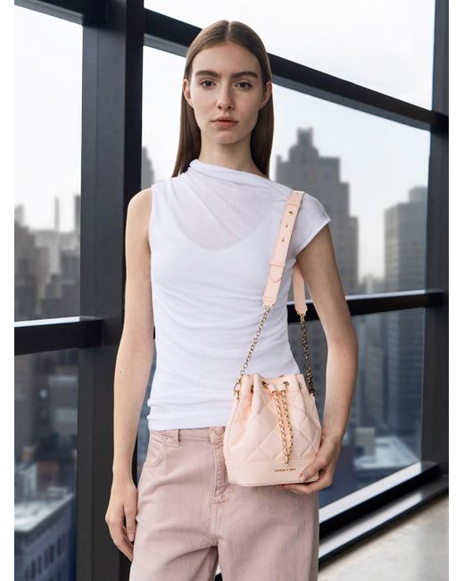 Charles & Keith Pink Julia Quilted Two-way Bucket Bag