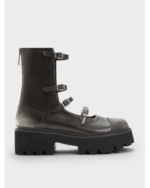 Charles Keith Women's Black Celia Burnished Buckled-Strap Chunky