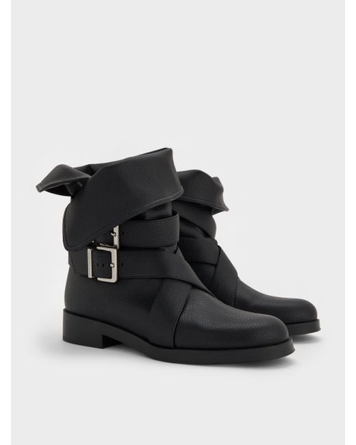 Charles & Keith Black Brett Buckle-Strap Calf Boots